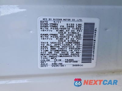 Zdjęcie 13 z 13 samochodu: 2011 NISSAN MURANO S VIN:JN8AZ1MUXBW067576 - miniatura