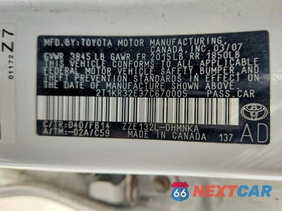 Zdjęcie 13 z 13 samochodu: 2007 TOYOTA COROLLA MATRIX XR VIN:2T1KR32E37C670005 - miniatura