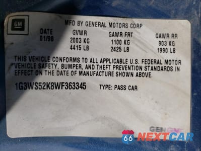 Zdjęcie 12 z 12 samochodu: 1998 OLDSMOBILE INTRIGUE GL VIN:1G3WS52K8WF363345 - miniatura
