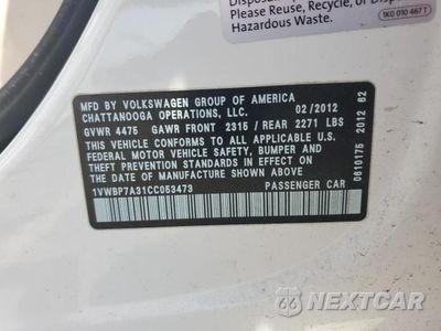Zdjęcie 12 z 12 samochodu: 2012 VOLKSWAGEN PASSAT SE VIN:1VWBP7A31CC053473 - miniatura