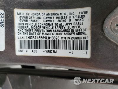 Zdjęcie 13 z 15 samochodu: 2009 HONDA CIVIC LX VIN:1HGFA16569L013896 - miniatura
