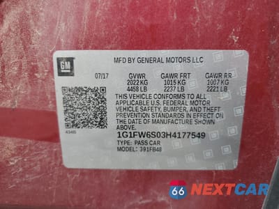 Zdjęcie 12 z 14 samochodu: 2017 CHEVROLET BOLT EV LT VIN:1G1FW6S03H4177549 - miniatura