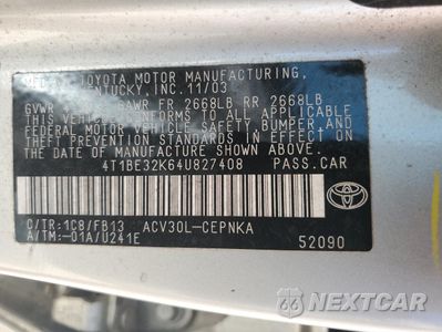 Zdjęcie 12 z 12 samochodu: 2004 TOYOTA CAMRY LE VIN:4T1BE32K64U827408 - miniatura