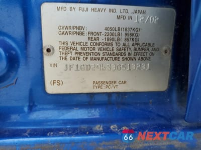 Zdjęcie 12 z 12 samochodu: 2003 SUBARU IMPREZA WRX VIN:JF1GD29683G513231 - miniatura