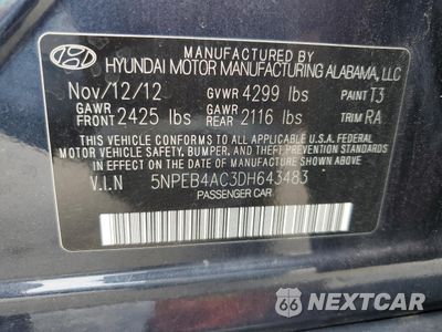 Zdjęcie 12 z 13 samochodu: 2013 HYUNDAI SONATA GLS VIN:5NPEB4AC3DH643483 - miniatura