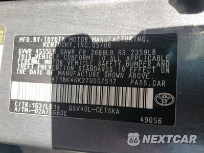 Zdjęcie 12 z 14 samochodu: 2007 TOYOTA CAMRY LE VIN:4T1BK46K27U007517 - miniatura