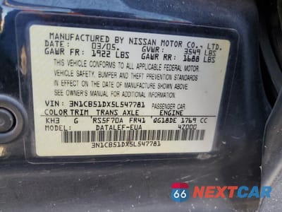 Zdjęcie 12 z 12 samochodu: 2005 NISSAN SENTRA 1.8 VIN:3N1CB51DX5L547781 - miniatura
