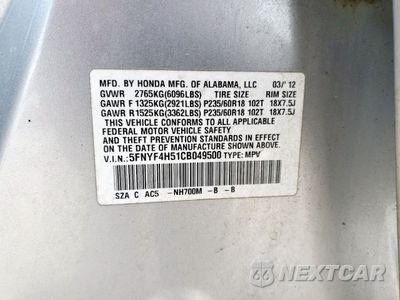 Zdjęcie 13 z 15 samochodu: 2012 HONDA PILOT EXL VIN:5FNYF4H51CB049500 - miniatura