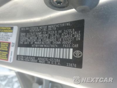 Zdjęcie 12 z 12 samochodu: 2019 TOYOTA CAMRY L VIN:4T1B11HK1KU278074 - miniatura