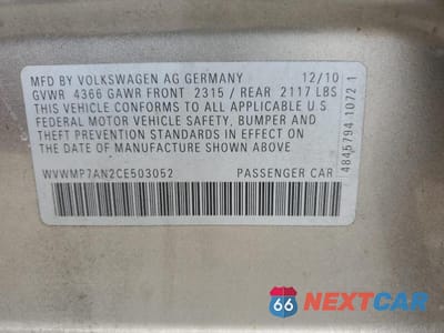 Zdjęcie 12 z 12 samochodu: 2012 VOLKSWAGEN CC SPORT VIN:WVWMP7AN2CE503052 - miniatura