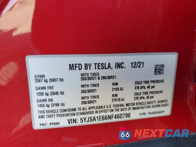 Zdjęcie 12 z 12 samochodu: 2022 TESLA MODEL S VIN:5YJSA1E66NF460796 - miniatura