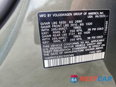 Zdjęcie 14 z 15 samochodu: 2025 VOLKSWAGEN ATLAS SEL PREMIUM R-LINE VIN:1V2FR2CA3SC556366 - miniatura