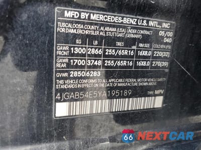 Zdjęcie 13 z 13 samochodu: 2000 MERCEDES-BENZ ML 320 VIN:4JGAB54E5YA195189 - miniatura