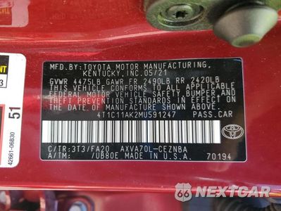 Zdjęcie 12 z 12 samochodu: 2021 TOYOTA CAMRY LE VIN:4T1C11AK2MU591247 - miniatura