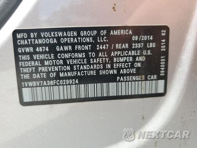 Zdjęcie 12 z 14 samochodu: 2015 VOLKSWAGEN PASSAT SE VIN:1VWBV7A36FC029924 - miniatura