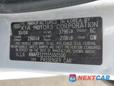 Zdjęcie 12 z 14 samochodu: 2005 KIA SPECTRA LX VIN:KNAFE121555100500 - miniatura