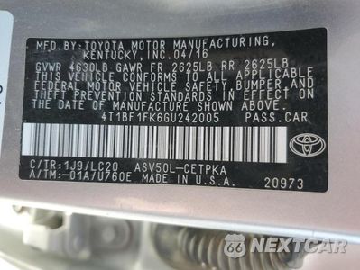 Zdjęcie 12 z 12 samochodu: 2016 TOYOTA CAMRY LE VIN:4T1BF1FK6GU242005 - miniatura