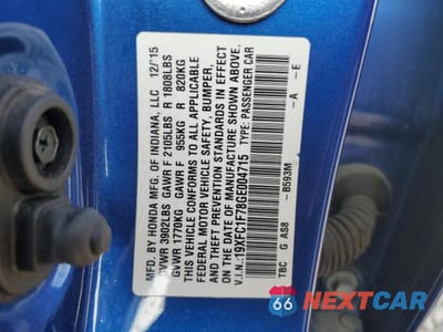 Zdjęcie 12 z 12 samochodu: 2016 HONDA CIVIC EXL VIN:19XFC1F78GE004715 - miniatura