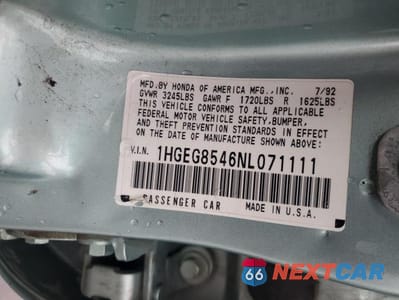 Zdjęcie 12 z 12 samochodu: 1992 HONDA CIVIC DX VIN:1HGEG8546NL071111 - miniatura