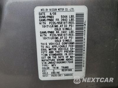 Zdjęcie 14 z 14 samochodu: 2009 NISSAN MURANO S VIN:JN8AZ18UX9W017006 - miniatura