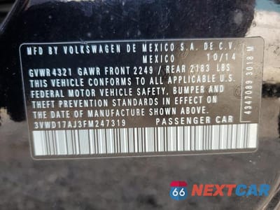 Zdjęcie 12 z 12 samochodu: 2015 VOLKSWAGEN JETTA SE VIN:3VWD17AJ3FM247319 - miniatura