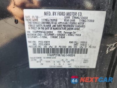 Zdjęcie 12 z 12 samochodu: 2010 FORD TAURUS LIMITED VIN:1FAHP2FW7AG144004 - miniatura