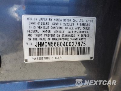 Zdjęcie 12 z 12 samochodu: 2004 HONDA ACCORD EX VIN:JHMCM56804C027875 - miniatura