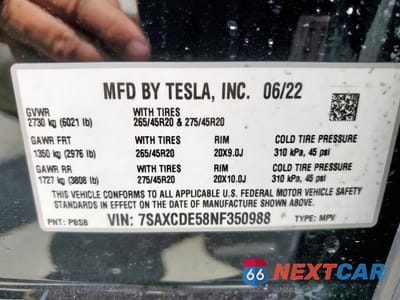 Zdjęcie 13 z 13 samochodu: 2022 TESLA MODEL X VIN:7SAXCDE58NF350988 - miniatura