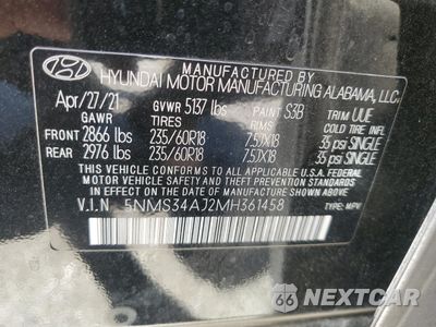 Zdjęcie 12 z 12 samochodu: 2021 HYUNDAI SANTA FE SEL VIN:5NMS34AJ2MH361458 - miniatura