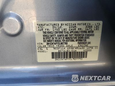 Zdjęcie 12 z 14 samochodu: 2012 NISSAN VERSA S VIN:3N1CN7AP7CL907793 - miniatura