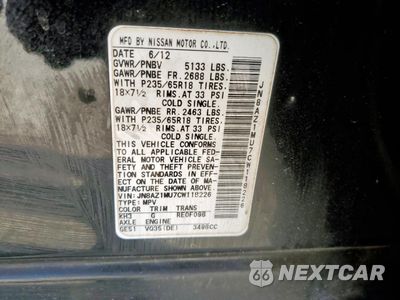 Zdjęcie 14 z 14 samochodu: 2012 NISSAN MURANO S VIN:JN8AZ1MU7CW118226 - miniatura