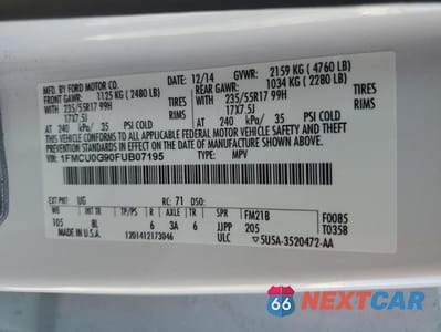 Zdjęcie 13 z 13 samochodu: 2015 FORD ESCAPE SE VIN:1FMCU0G90FUB07195 - miniatura