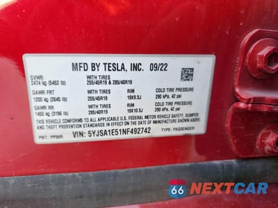 Zdjęcie 12 z 14 samochodu: 2022 TESLA MODEL S VIN:5YJSA1E51NF492742 - miniatura