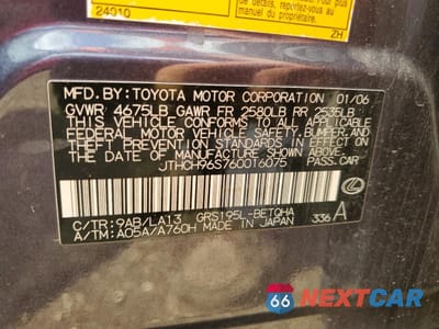 Zdjęcie 12 z 12 samochodu: 2006 LEXUS GS 300 VIN:JTHCH96S760016075 - miniatura