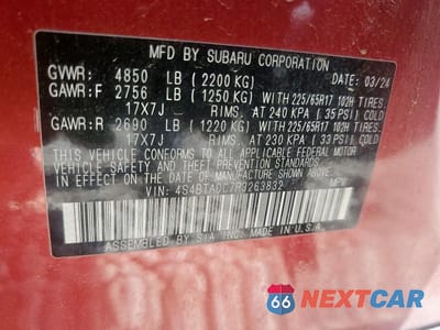 Zdjęcie 14 z 14 samochodu: 2024 SUBARU OUTBACK PREMIUM VIN:4S4BTADC7R3263832 - miniatura
