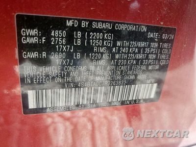 Zdjęcie 14 z 14 samochodu: 2024 SUBARU OUTBACK PREMIUM VIN:4S4BTADC7R3263832 - miniatura