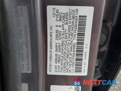 Zdjęcie 12 z 12 samochodu: 2019 HONDA ACCORD EXL VIN:1HGCV1F5XKA035862 - miniatura