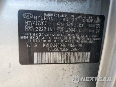 Zdjęcie 12 z 12 samochodu: 2008 HYUNDAI ELANTRA GLS VIN:KMHDU46D48U368608 - miniatura