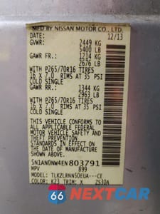 Zdjęcie 13 z 13 samochodu: 2014 NISSAN XTERRA X VIN:5N1AN0NW4EN803791 - miniatura