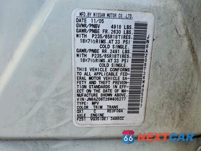 Zdjęcie 12 z 12 samochodu: 2006 NISSAN MURANO S VIN:JN8AZ08T26W405277 - miniatura