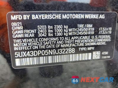 Zdjęcie 13 z 13 samochodu: 2022 BMW X3 SDRIVE30I VIN:5UX43DP05N9J32288 - miniatura