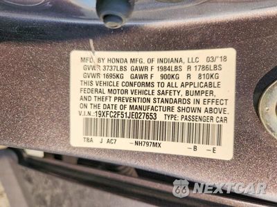 Zdjęcie 12 z 12 samochodu: 2018 HONDA CIVIC LX VIN:19XFC2F51JE027653 - miniatura