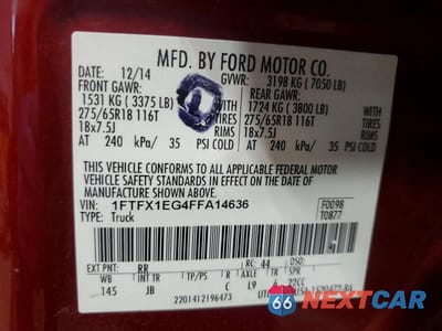 Zdjęcie 12 z 12 samochodu: 2015 FORD F150 SUPER CAB VIN:1FTFX1EG4FFA14636 - miniatura