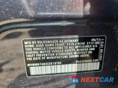 Zdjęcie 12 z 12 samochodu: 2012 VOLKSWAGEN CC SPORT VIN:WVWMN7AN3CE518780 - miniatura
