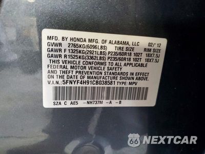 Zdjęcie 13 z 13 samochodu: 2012 HONDA PILOT TOURING VIN:5FNYF4H91CB038581 - miniatura