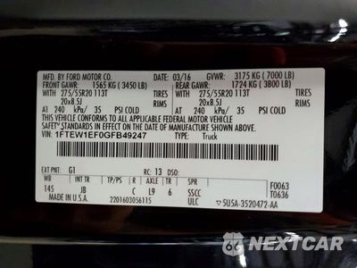 Zdjęcie 12 z 12 samochodu: 2016 FORD F150 SUPERCREW VIN:1FTEW1EF0GFB49247 - miniatura