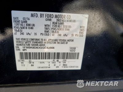 Zdjęcie 14 z 14 samochodu: 2016 FORD EXPLORER XLT VIN:1FM5K8D83GGC42566 - miniatura