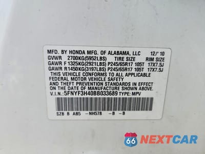 Zdjęcie 13 z 13 samochodu: 2011 HONDA PILOT EX VIN:5FNYF3H40BB033689 - miniatura