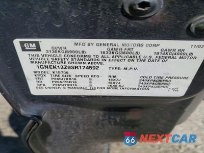 Zdjęcie 13 z 13 samochodu: 2003 CHEVROLET TAHOE K1500 VIN:1GNEK13Z93R174592 - miniatura