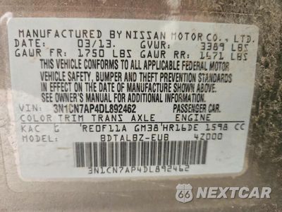 Zdjęcie 12 z 12 samochodu: 2013 NISSAN VERSA 1.6 S VIN:3N1CN7AP4DL892462 - miniatura